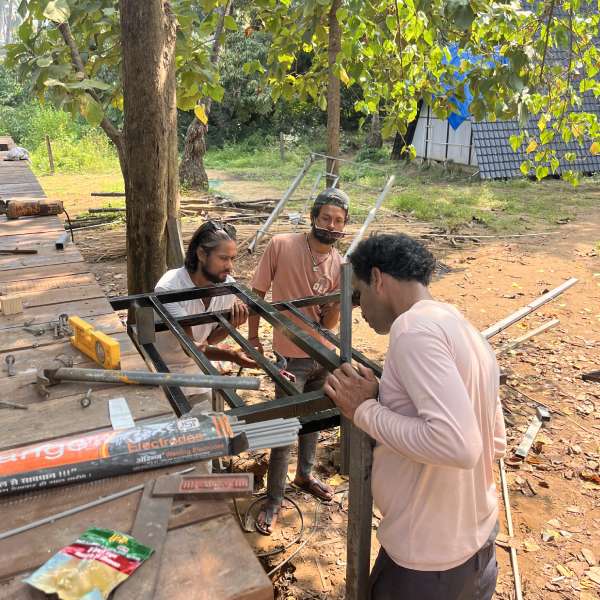 Welding metal stairs to our yoga shala during Luma Goa's renewal