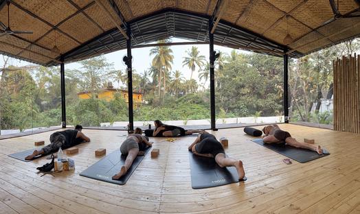 Peaceful yoga space surrounded by nature