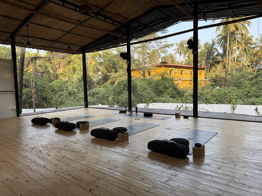 Tranquil yoga space with greenery