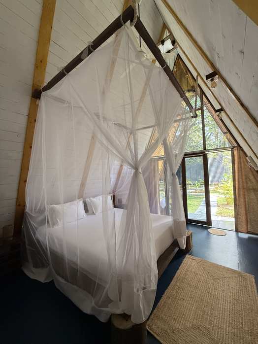 Boutique A-frame hut interior featuring bed with mosquito net