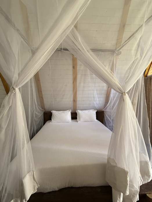 Premium organic linens and bed with mosquito net protection