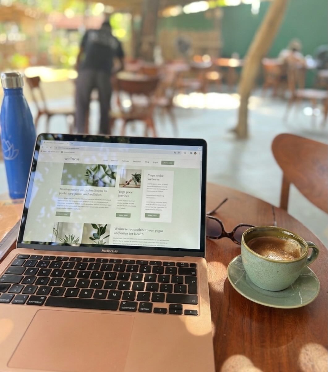 Laptop on a cafe table at Roots & Bloom in Palolem, South Goa - a comfortable workspace for digital nomads and workations