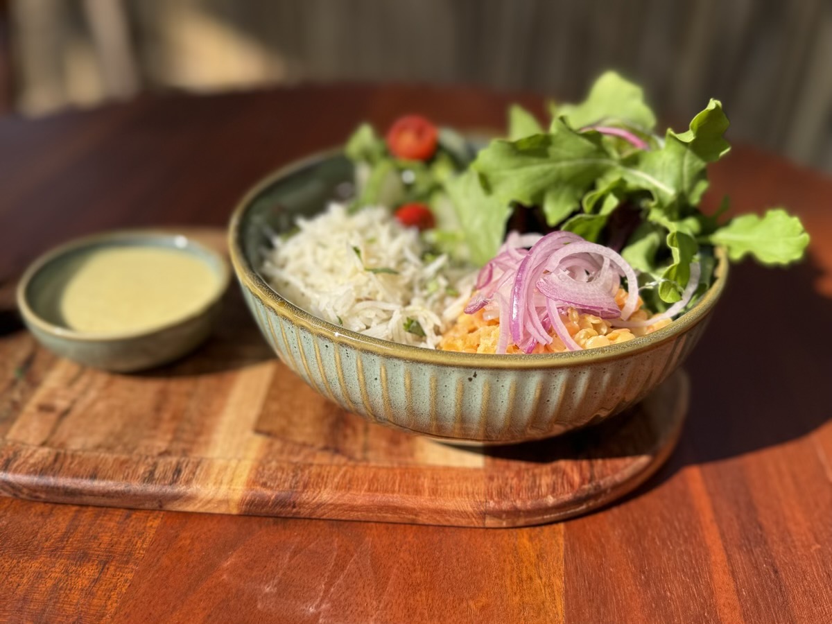 Healthy vegan bowl at Roots and Bloom Cafe